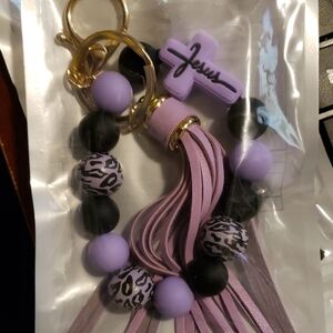 Purple and Black Beaded Keychain with Tassel
